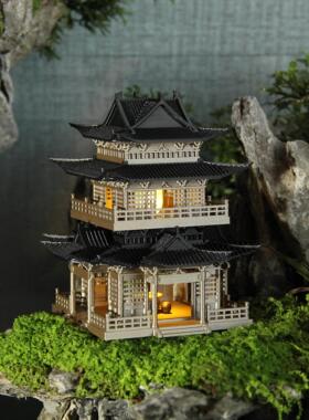 古风建筑带灯楼阁小楼覆古楼阁微景观造景假山盆景山水装饰摆饰