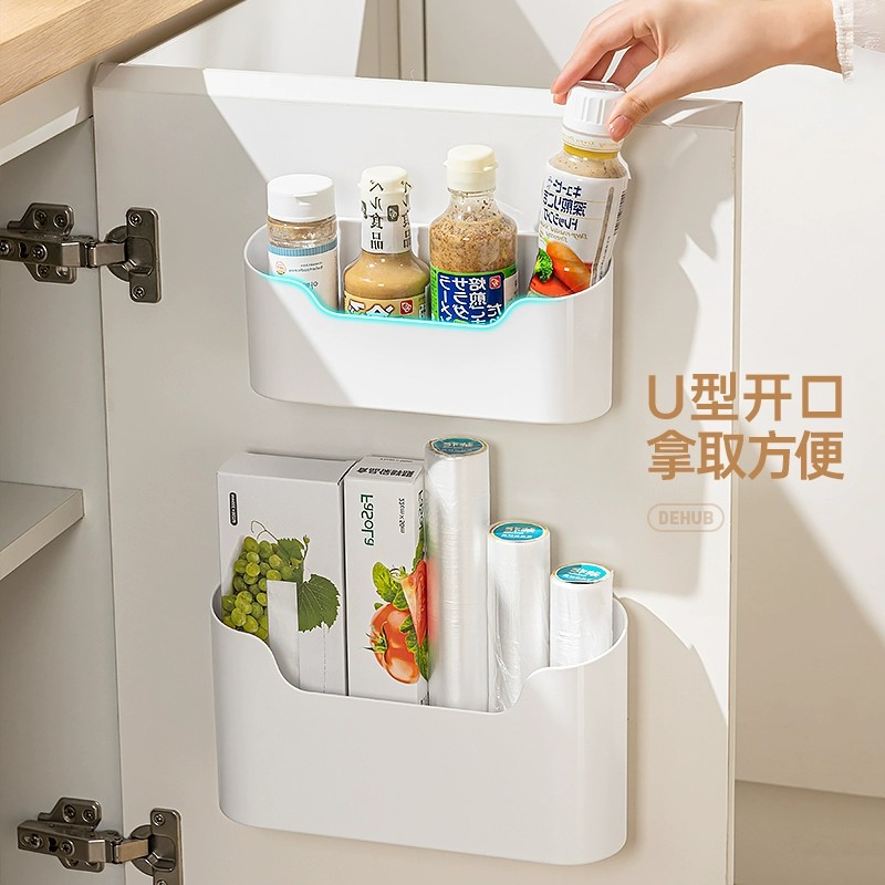 厨房柜门内侧收纳盒壁挂式免打孔收纳神器橱柜门冰箱保鲜膜置物架 - 图0