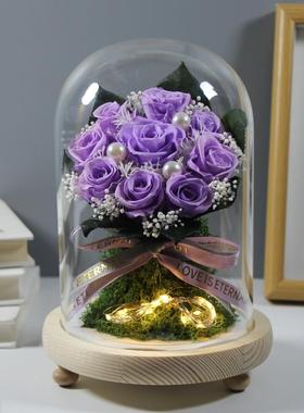 永生花玄学9朵紫色玫瑰花九枝真花紫玫瑰风水玻璃罩摆件乔迁礼品