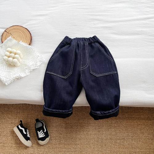 不褪色冬季男女童加绒牛仔裤洋气宝宝百搭加厚保暖防风休闲长裤子 - 图0