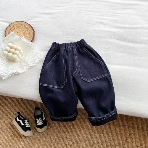 不褪色冬季男女童加绒牛仔裤洋气宝宝百搭加厚保暖防风休闲长裤子 - 图1