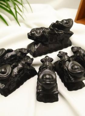天然黑耀石招财牛拉元宝摆件风水白居家客厅玄关生肖吉祥物摆件