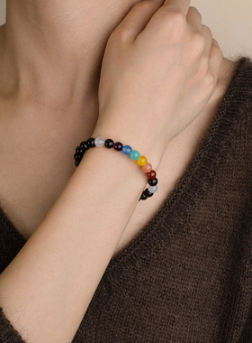 【防护负能】黑银曜石多彩虹玛瑙手串范李李守护平衡稳定情绪手链