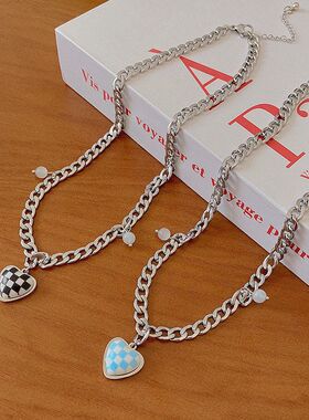 棋盘格爱心项链女小众设计高级