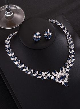 项链新娘锆石耳环套装饰品礼服婚纱首饰配饰女欧美红色宴会奢华套