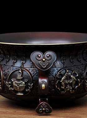 紫铜色聚宝盆摆件全铜招财铜碗家居客厅玄关公司办公室桌面装饰品