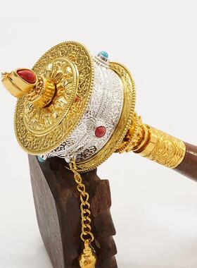 实木ABS手摇转筒转轮六字金银双色彩珠镶嵌藏式花纹民族装饰摆件