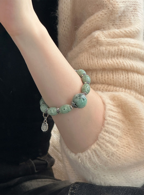 S925银翡翠苹果珠雕刻镂空桶珠狮子绣球扣手链复古新中式 S09224