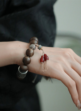 #宝家手工定制S925银花朵桶珠路路通沉香串珠手链新中式国潮风