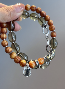 925银琥珀木圆珠椭圆黄水晶五条经文吊牌项链 N16797