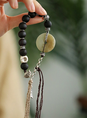 S925银糖料和田玉平安扣降真香圆珠花纹钟手链女国风设计 S08938