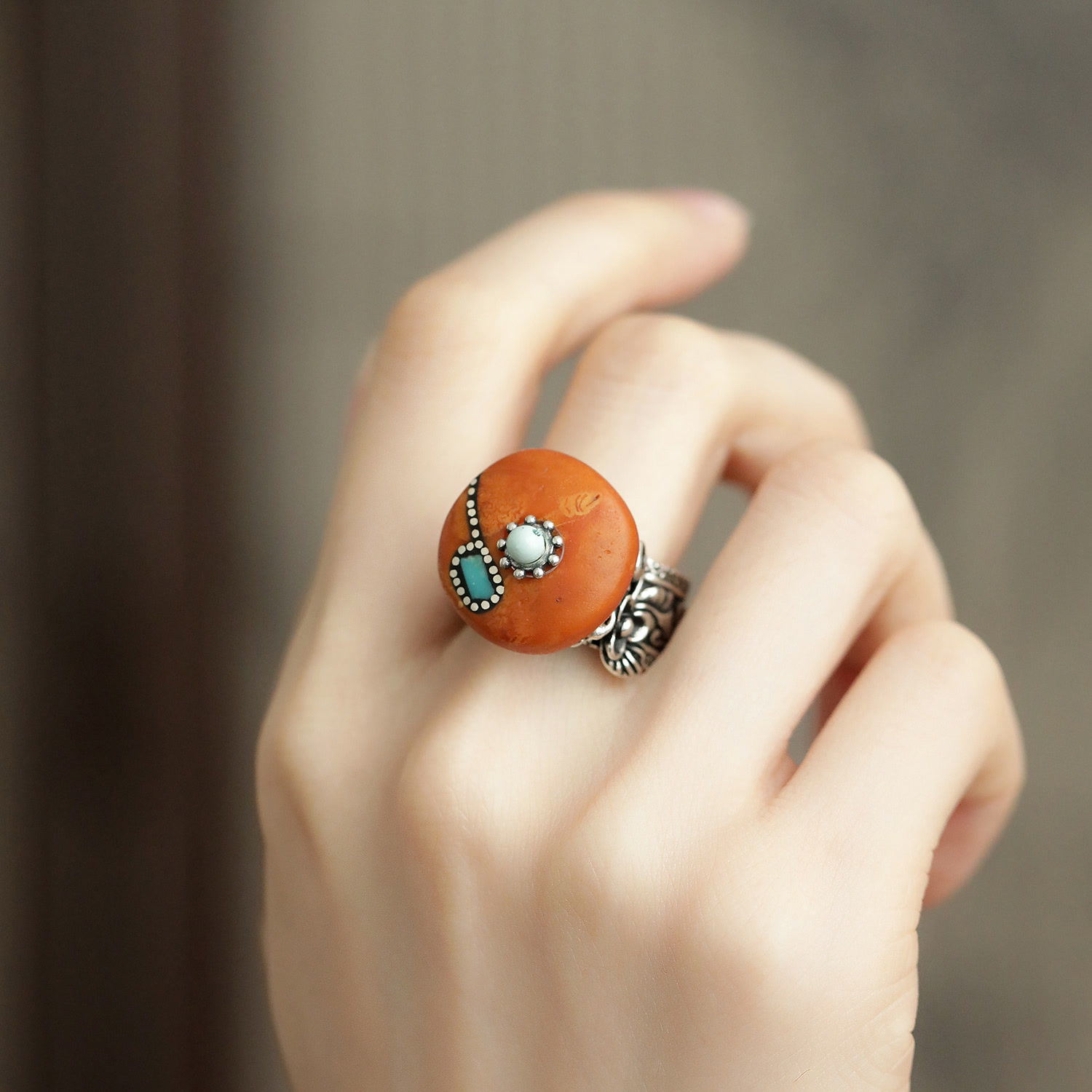New s925 silver beeswax peony flower old ring handmade retro versatile ethnic style new Chinese style J13723