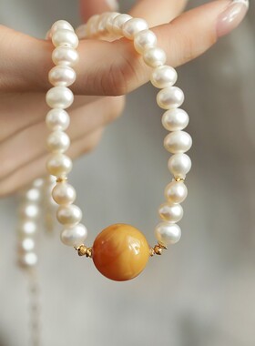 S925银珍珠蜜蜡大圆珠项链气质百搭时尚轻奢民族风新中式 N18867