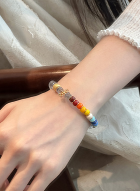 S925银灰月光石隔片彩色雪巴琉璃弹力手串新中式设计感 S09170