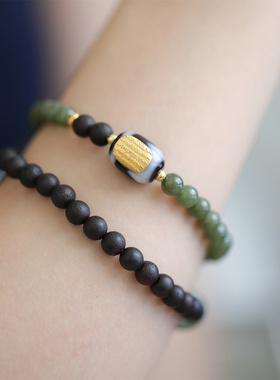 S925银降真香和田圆珠五条经文双层弹力绳手串女新中式 S08680