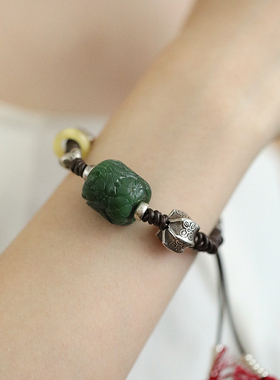 S925银和田碧玉雕花大桶珠蜜蜡跑环骰子手链新中式 S08808