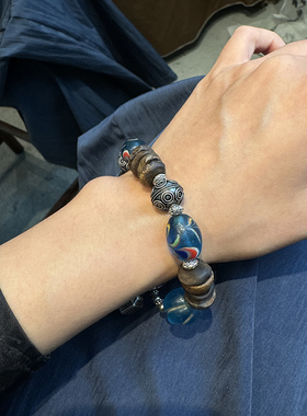 S925银蓝色琉璃奇楠沉香竹节印章木鱼铃铛手串 S08593