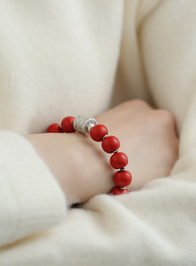 S925银朱砂苹果珠护身符桶珠平安扎基桶形手链新中式 S09421