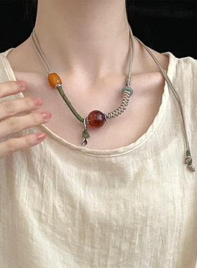 S925银茶珀圆珠玛瑙桶珠翡翠兰水圈抽绳项链 N16911