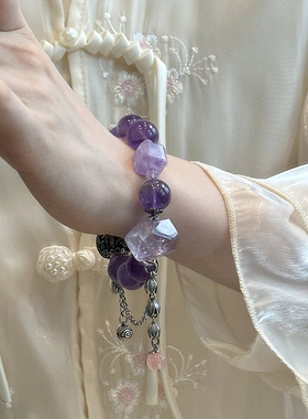 S925银紫水晶圆珠切面随型弹力手串手链新中式设计手饰 S08939