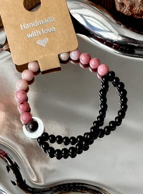 【粉墨月夜】原创女生时尚红纹石黑玛瑙串珠手链白蝶贝月亮手串