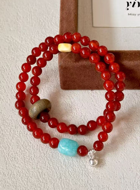 【牡丹亭】原创新中式红玛瑙红色手链s9256银铃铛蜜蜡串珠手串