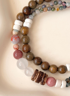 【烟浔渺渺】新中式手工木质手串原创绿檀碧玺国潮文玩男女款手链