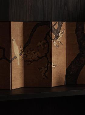 法式中古风东方美杏花双雉图学双面桌面小屏风古玩字画 画背景摆
