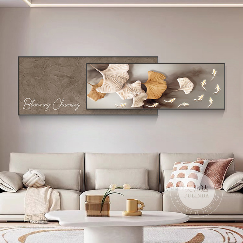 现代轻奢客厅叠加装饰画银杏叶九鱼图沙发背景墙壁画高档大气挂画 - 图3