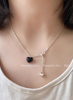 PANACHE 圆润爱心黑玛瑙流苏项链 小众925银简约气质高级感锁骨链