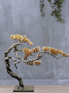 中式招财迎客松摆件酒店大堂金属雕塑样板房客厅玄关桌面创意装饰