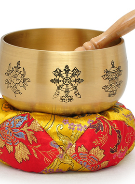 黄铜日式精品八吉祥铜磬莲花铜磬钵法器磬碗垫子引磬长柄引庆铜庆