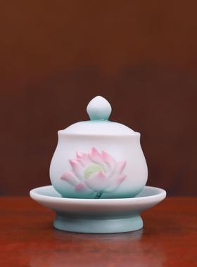 久畔陶瓷青粉莲花供具套组居家客厅用佛堂香炉圣水杯烛台果盘佛具