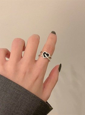 复古做旧爱心日系黑色交叉镂空开口可调节设计感小众食指戒指