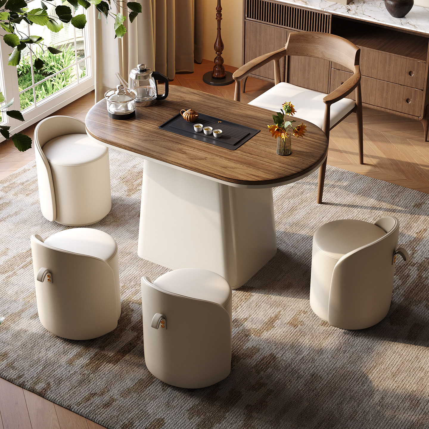 小户型阳台茶桌椅组合现代新中式实木茶几一桌五椅家用客厅泡茶桌,淘宝优惠券,粉丝福利购,淘宝优惠卷