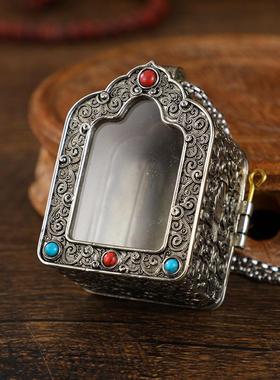 新款白铜嘎乌盒吊坠空心可打开装小佛像装藏东西挂件藏银佛龛男女