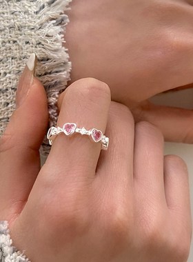 925粉色爱心闪钻戒指女戒指小众设计ins风甜美可爱时尚