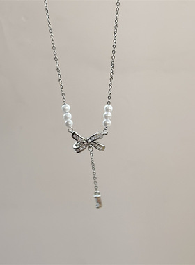 珍珠蝴蝶结吊坠项链 小众设计感高级锁骨链轻奢曼妙纯欲少女颈炼