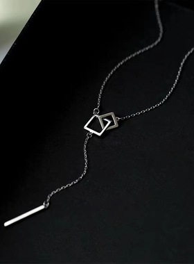 轻奢设计感小众几何方形流苏长版项链ins潮电镀纯银设计感锁骨链