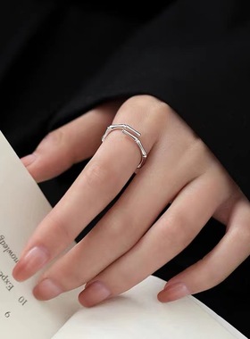 925镀银竹节戒指女小众设计感食指戒轻奢尾戒素圈开口戒