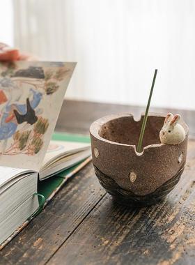 日本进口手作粗陶香钵生肖兔年线香炉盘香薰桌面摆件祝福送礼物