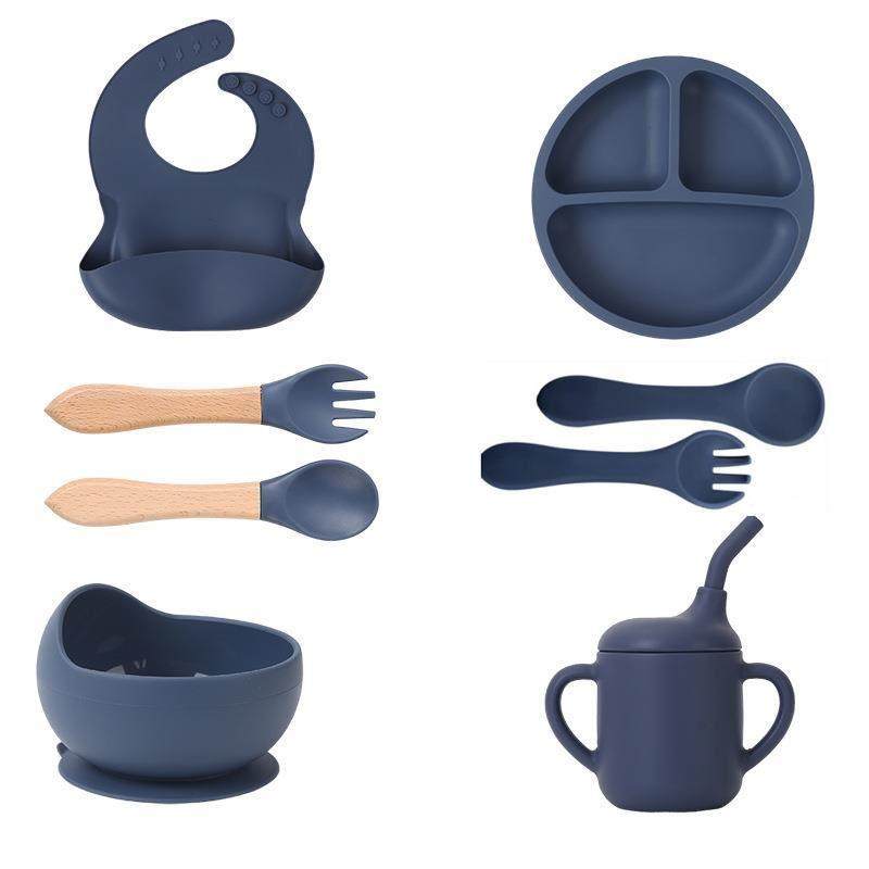 宝宝餐具八件套装硅胶分格盘儿童婴儿喂养餐具叉勺吸盘碗饭兜水杯,淘宝优惠券,粉丝福利购,淘宝优惠卷