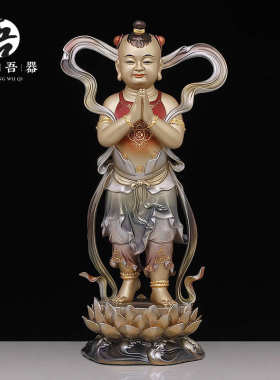 热销吾堂吾器 黄铜《善财童子龙女》掐丝珐琅镶金佛像摆件 家居工
