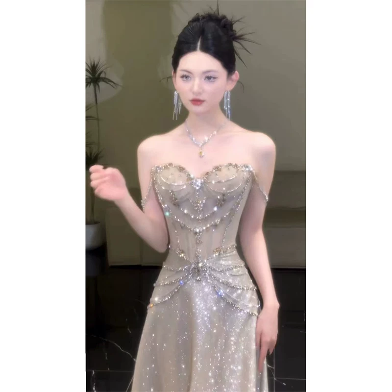 Flash Diamond Dress Heavy Works Luxury Dinner Celebration Light Luxury Black Flash Host Host Equipping Skirt and Broken Bride