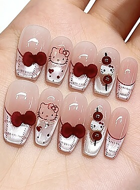 丝绒KT猫高品质纯手工穿戴甲裸色高级感手绘猫眼显白美甲贴片