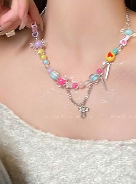 多巴胺彩色蝴蝶串珠项链 女个性甜美百搭锁骨链 时尚网红七彩颈炼