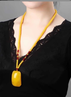 老蜜蜡琥珀吊坠血珀男女款长款项链鸡油黄毛衣链人工蜜蜡吊坠水滴
