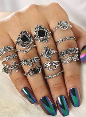 @Hot Hollow out Lotus Sunflower Geometry Black Gem Set Ring