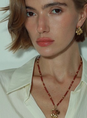 四叶草多吊坠橙石榴石串珠项链