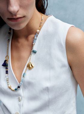 度假系列蓝色串珠流苏长项链